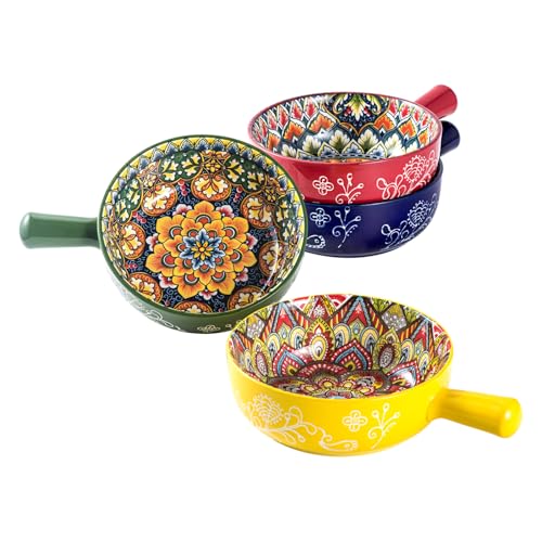 Henten Home Soup Bowl with Handle, Cereal Bowls, Ceramic Cereal/Soup Pot - 750ml, French Onion Soup Bowls, Microwave and Oven Bowl - Bohemian Style