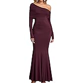 GLNEGE Off The Shoulder Fall Wedding Guest Formal Dress Long Sleeve Ruched Bodycon Maxi Cocktail Party Dresses for Women