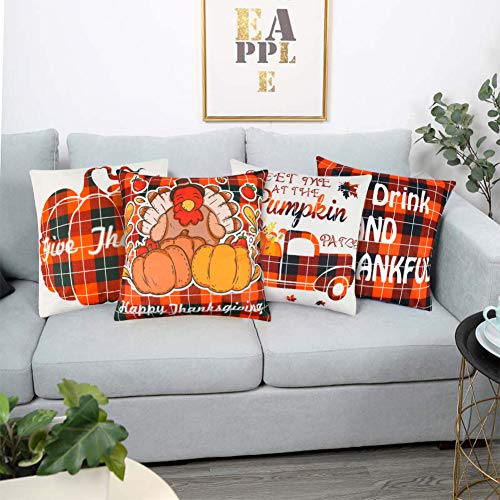 Johouse Thanksgiving Pillow Covers, 4PCS Fall Throw Pillow Covers Pumpkin Buffalo Plaid Throw Pillow Case Autumn Pillow Covers for Autumn Farm Decoration, 18×18inch