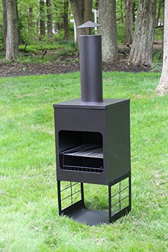 Oliver and Smith - Large Iron Outdoor Round Patio Chiminea Fireplace Rear Fire Shield - 18" x 18" x 46" Tall - with Stainless Steel Grill - Chiminea Weather Cover - 4 Skewers - Thumbnail 4