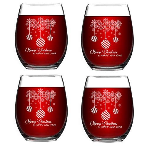 Merry Christmas Stemless Wine Glass Gift for Women Friends, 15 Oz Funny Stemless Wine Glasses Set, Perfect Christmas Gift Idea for Mom Wife Girlfriend Sister Wedding Birthday Party, Set of 4