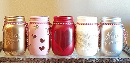 Valentine's Pink, Red, White, Gold, Silver with Heart Cutout and Burlap Covered Mason Jars