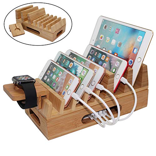 Pezin & Hulin Bamboo Charging Station Holder, Wood Docking Stand Organizer for Multiple Devices, Phones, Tablets, Laptop, with Bonus Stand for Watch Charge (Without USB Charger and Cables)