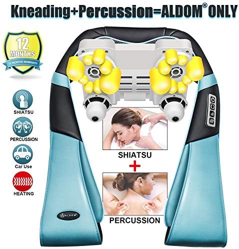 Neck and Back Massager with Deep Heat Kneading and Percussion - Aldom - Shiatsu Shoulder Massager for Relieving Muscle Pain and Stress, Carry Bag Included, Perfect for Home, Car, Office