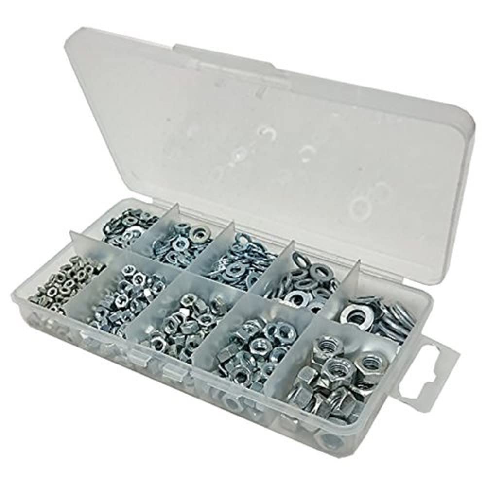 Merriway BH06566 (450 Pcs) Assortment of BZP Flat Steel Washers & Hex Nuts in a 10 Compartment Carry Case - Pack of 450 Pieces