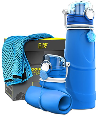 Collapsible Water Bottle + Cooling Towel, ELV 750ml (Reusable Foldable Silicone) Travel Bottle (Vacuum Sealed) Gym Fitness Training Bottle (Non-BPA / Non-Toxic) Sports Bottle (Blue / Blue)