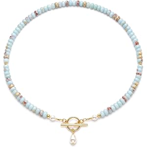 Turquoise Necklace for Women Pearl Beads Natural Stone Choker Gift for Her Handmade Beaded Jewelry Summer Beach Accessories