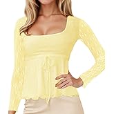 FWSAM Women Y2k Square Neck Sheer Mesh Ruffle Hem Babydoll Tee Shirt Long Sleeve Lace Up Lettuce Trim Layered Peplum Top Yellow