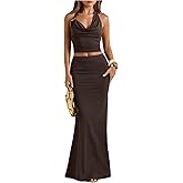 MakeMeChic Women's Party Skirt Sets Two Piece Set Going Out Halter Tops and Maxi Skirt