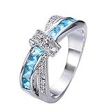 Rongxing Jewelry Cross Blue Aquamarine Diamond Women's White Gold Cocktail Ring Size 10