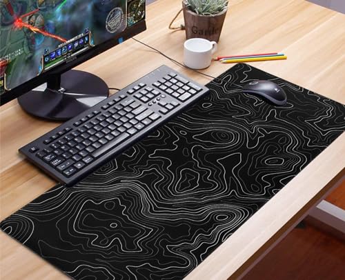 Niviy Mouse Mat XXL 900 x 400 mm Ergonomic Desk Mat for Office/Home, Non-Slip Rubber Base, Stitched Edges, Black Topographic Contour