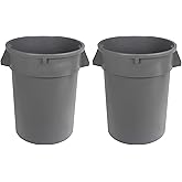 Amazon Basics Heavy Duty Sturdy Round Trash Can, 32 Gallon, Grey, Pack of 2