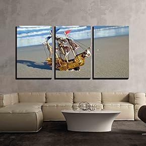 3 Piece Canvas Wall Art - Ship Model on Summer Sunny Beach. Travel, Voyage, Vacation Concepts - Modern Home Art Stretched and Framed Ready to Hang - 16"x24"x3 Panels