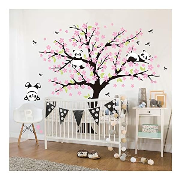 Sayala 3 Pandas Mignons Prune Rouge Fleur Stickers Muraux Autocollant Arbre Mural Pour Decorer Chambres D