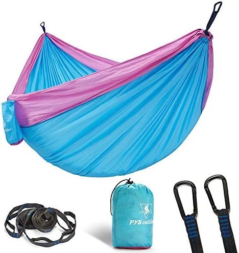 pys Double Portable Camping Hammock with Straps Outdoor -Nylon Parachute Hammock with Tree Straps Set with Max 1200 lbs Breaking Capacity, for Backpacking, Hiking, Travel (Lake Blue+Pink)