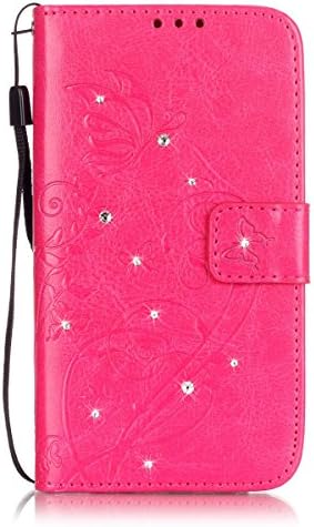 Galaxy Note 4 Case,Note 4 Wallet Case,Phezen Luxury Bling Crystal Rhinestone Diamond Embossed Flower Butterfly PU Leather Flip Stand Wallet Case Card/Cash Slots for Samsung Galaxy Note 4,Hot Pink