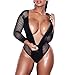 NE Norboe Long Sleeve Mesh One Piece Swimwear Sexy Bodysuit Monokini High Waisted Thong Swimsuit with Diamond Zipper (Black, S)