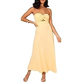 Fiemaoves Sexy Twist Front Strapless Sweetheart Neckline Midi Dresses for Women Smocked Cutout Tube Linen Dress Wedding Guest