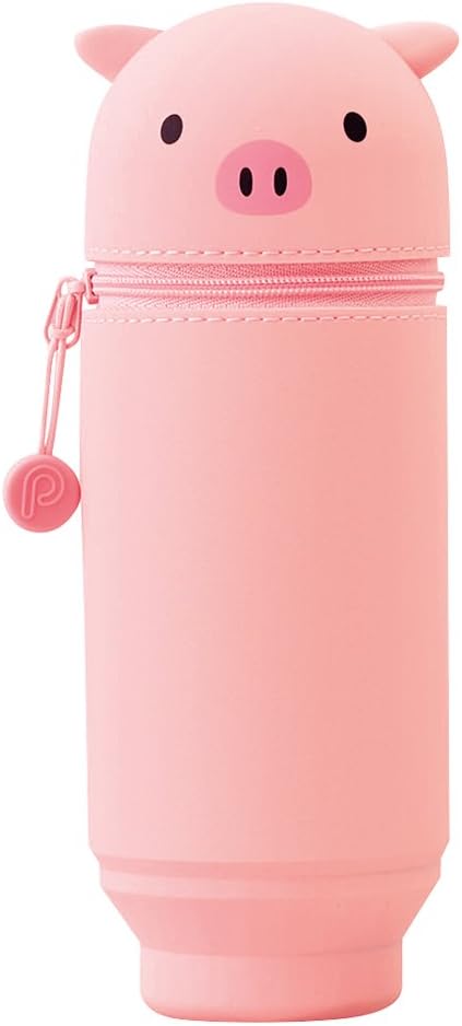LIHIT LAB A7714-5 Kawaii Japanese Pig Large Stand Up Pencil Case for School Office College Animal Pen Holder Pencil Pouch Holder Adults Girls
