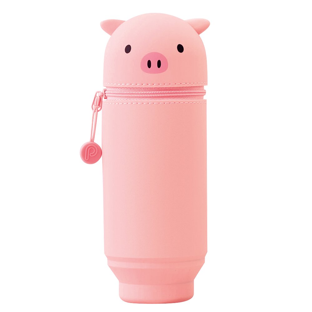 LIHIT LAB A7714-5 Kawaii Japanese Pig Large Stand Up Pencil Case for School Office College, Animal Pen Holder Pencil Pouch Holder Adults Girls, Artist Pencil Case, Pig,Large: 2.9" x 8"