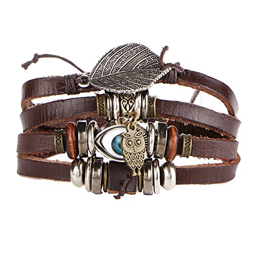 Aoruisier Mens Mixed Bracelets Adjustable Handmade Multi Strand Braided Owl Bracelets Woven Leather Wristbands