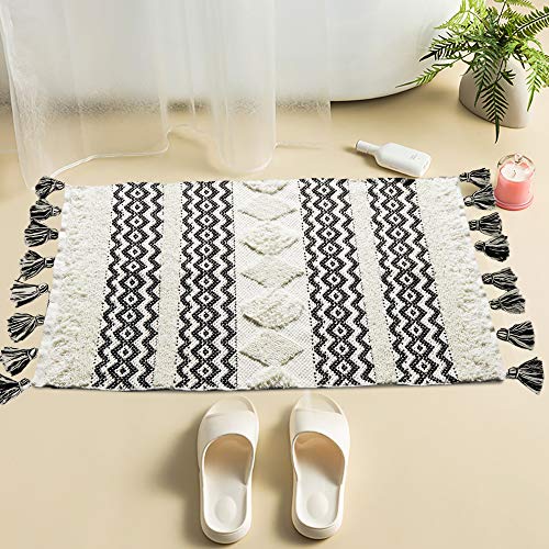 Seavish Boho Small Bathroom Rug,2x3 Black/White Cotton Tufted Hand