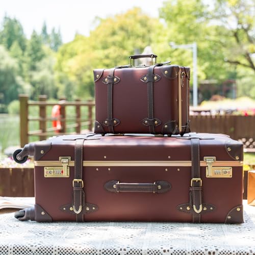 urecity Vintage Suitcase with Wheels, Travel Suitcase, Light, Retro, Rigid, 2 Pieces with Small 30 cm Bag, Caramel Brown, S(12")+L(26"), Vintage