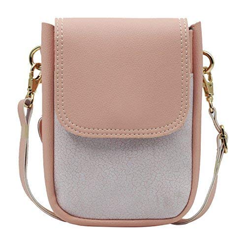 Two Tone Vegan Leather Fancy Cute Mini Cellphone Purse Crossbody Small Bag with Long Strap and Wrislet for Smartphone (Pink)