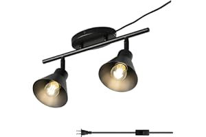 vivihobb Black 2 Light Plug in Track Lighting Kit,Modern Plug in Ceiling Light Fixture,14.7ft Cord,On/Off Switch,4 Way Ceiling Spot Lighting,Flexibly Rotatable Light Head (Bulbs Not Included)