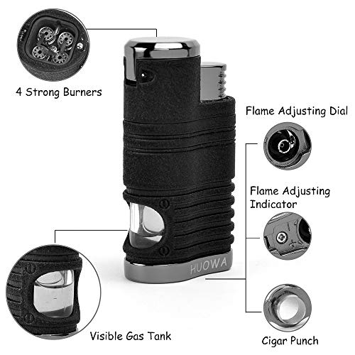 HUOWA 4 Jet Torch Lighter with Cigar Punch Cutter Tool and Gas Window, Strong Turbo Quadruple Red Flame Butane Refillable Gadgets for Men Gift Ideas - Thumbnail 3