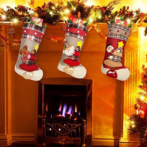 Aiduy Christmas Stockings, 3 Pack 18" Large Size Xmas Stockings Decorations with 3D Santa Snowman Reindeer Fireplace Hanging Stockings for Family Holiday Season Decor and Party Accessories