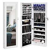 SONGMICS Lockable Jewelry Cabinet Wall Door Mounted Jewelry Armoire Organizer with Mirror LED Light, White