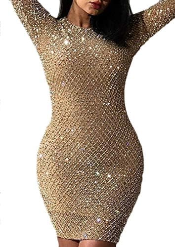 ouxiuli Women Sexy Slim Fit Bodycon Perspective Sequin Night Club Round Neck Glitter Dress
