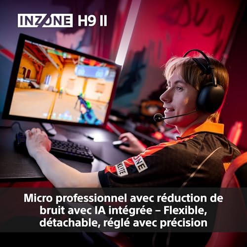 INZONE H9 II - Casque Gaming PC sans Fil à réduction de Bruit Sony, léger, Micro cardioïde IA détachable, 2,4 GHz et Bluetooth, Housse Souple, pour PC, PS5, Switch et Mobile, Noir