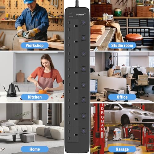 TOPREK 8 Way Extension Lead with Individual Switches, 2100 Surge Protected Extension Lead with Indicator Lights, Desk/Wall Mounted Power Strip for Office/Home/Computer Room/Garage(2M)