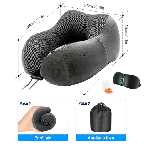 Almohada de Viaje, Almohada de Cuello Viscoelástica de Espuma de Memoria, Funda de Almohada Extraíble y Transpirable,con Máscara para Los Ojos, Tapones Para Los Oídos, Bolsa de Almacenamiento