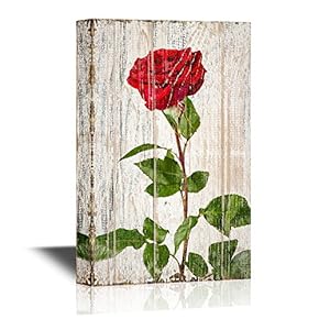 Roses Canvas Wall Art - Red Rose on Wood Texture Background - Gallery Wrap Modern Home Art | Ready to Hang - 12x18 inches