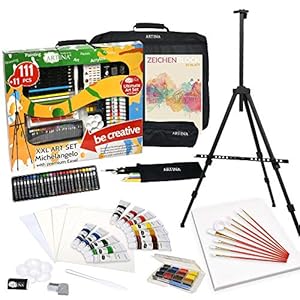 Artina 122tlg XXL Malset mit Staffelei Michelangelo – Künstler Set Acryl & Zeichenset – Buntstifte, Leinwand, Pinselset…