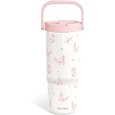 SANDJEST Butterfly Stainless Steel Straw Lid Tumbler 30oz with Carry Handle for Women Girls, Insulated Travel Coffee Cup, Gift for Sports Outdoor Workout Christmas Birthday