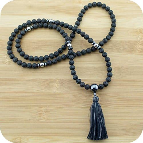 Lava Rock Meditation Mala Beads Necklace with Hematite