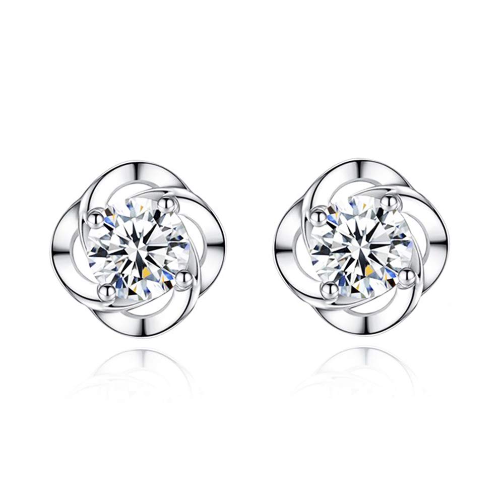 Kamise Silver Stud Earrings for Women, 925 Sterling Silver Clover Studs Earring with White Cubic Zirconia, Hypoallergenic Small Sleeper Piercing Stud Ear Ring