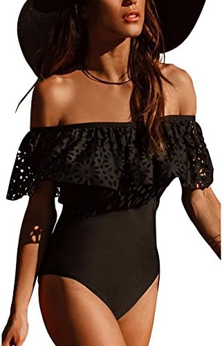 Women's Off Shoulder Swimsuit Ruffle One Piece Swimwear Sexy Monokini Bodysuit Black Lace Flounce by Elubchy(BK,M)