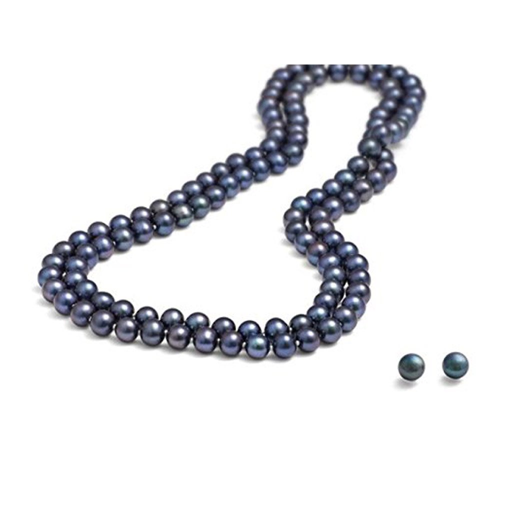 Treasure Bay Elegant and Classic 8-9mm Natural Black Freshwater Pearl Necklace with stud Earrings 120cm