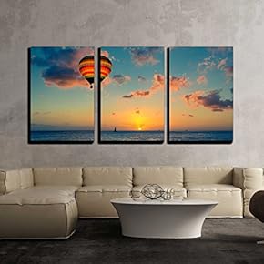 3 Piece Canvas Wall Art - Hot air Balloon with Sunset at The sea Background - Modern Home Art Stretched and Framed Ready to Hang - 16"x24"x3 Panels
