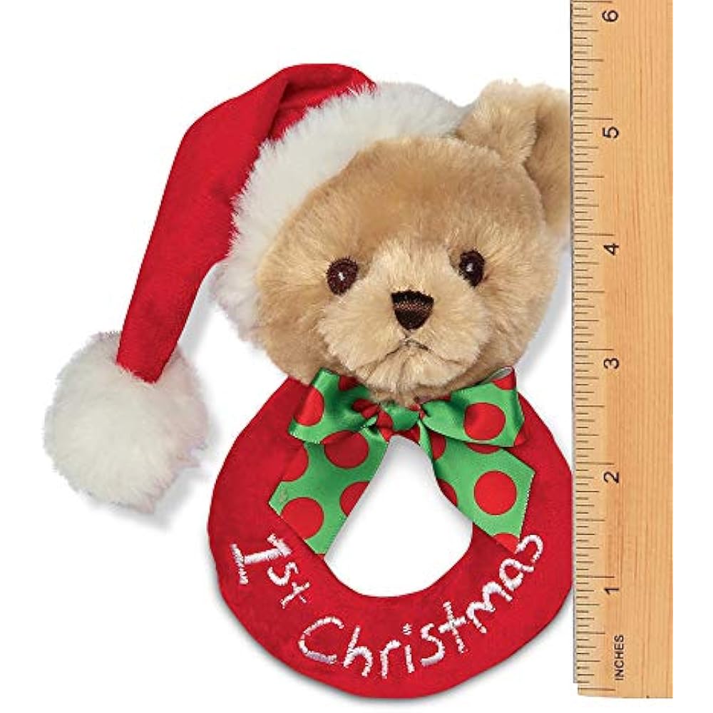 Bearington Rattles Baby's 1st Christmas Plush Soft Ring Rattle, 5.5