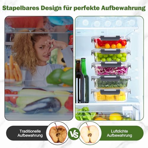 YASHE Glass Container with Lid, 10 Pieces, Stackable & Airtight Meal Prep Boxes, Glass for Dishwasher-Safe, Microwave & Freezer Safe, Leak-Proof, BPA-Free Glass Jars with Lid Set