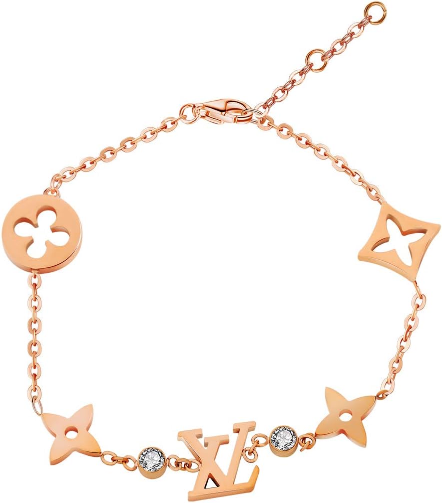 Designer Clover Chain Bracelet with Letter, Trendy Rose Gold Plated Bracelet for Women,Stainless Steel Monogram Charm Link Bracelet for Girls
