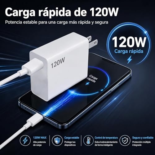 Rantuia Cargador 120W para Xiaomi con Cable USB C 6A 1M, Carga Rápida Turbo Tipo C Compatible con Xiaomi 15/14/13/12/11 Pro, 14T/13T/12T y Redmi Note K80/K70/K60/K50/13