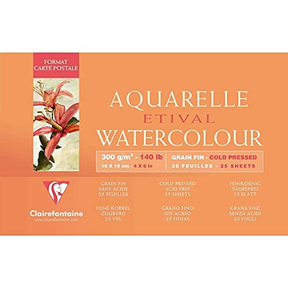 Clairefontaine - Ref 96468C - Etival Cold Pressed Glued Watercolour Painting & Drawing Pad (10 Sheets of Paper) - 10 x 15cm - 300gsm Cellulose Art Paper