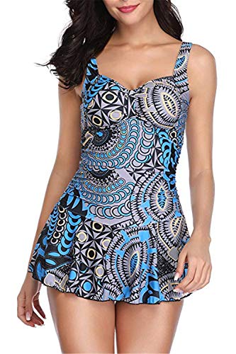 LAMISSCHE Womens Spaghetti Strap Bathing Suit Dress Printed Padded Tank Top Tankini Swimsuits(One-Piece Blue Floral,XL)